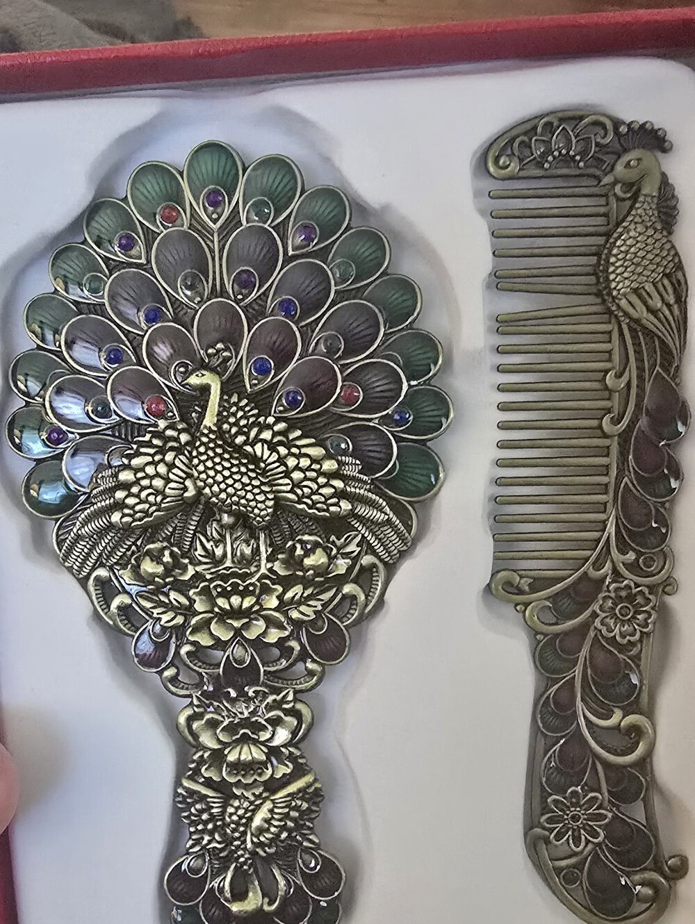Peacock Decorative Hand Mirror and Comb Set - Antique Gold Finish